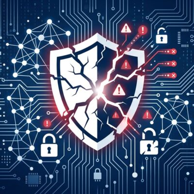 Dark blue cybersecurity shield with vulnerability indicators representing AI infrastructure security risks in 2026