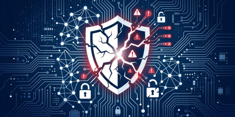 Dark blue cybersecurity shield with vulnerability indicators representing AI infrastructure security risks in 2026