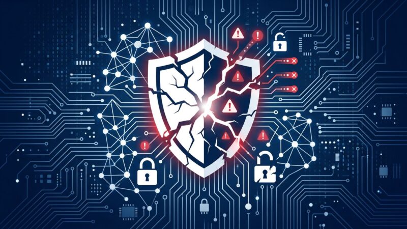 Dark blue cybersecurity shield with vulnerability indicators representing AI infrastructure security risks in 2026