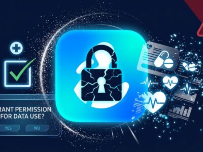 Smartphone displaying a Samsung Health consent dialog with a broken lock symbol and dissolving health data records representing the AI training consent ultimatum