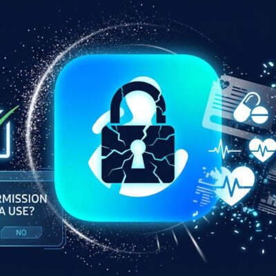 Smartphone displaying a Samsung Health consent dialog with a broken lock symbol and dissolving health data records representing the AI training consent ultimatum