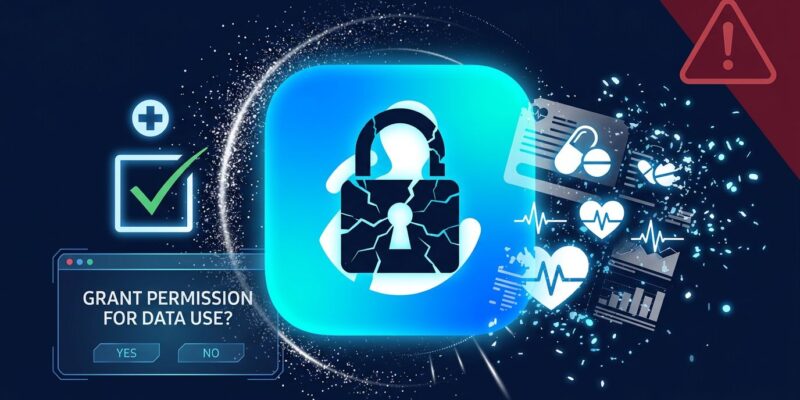 Smartphone displaying a Samsung Health consent dialog with a broken lock symbol and dissolving health data records representing the AI training consent ultimatum