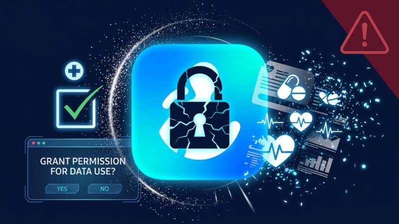 Smartphone displaying a Samsung Health consent dialog with a broken lock symbol and dissolving health data records representing the AI training consent ultimatum
