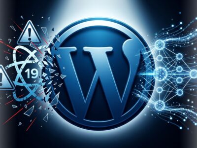 WordPress 7.1 beta illustration showing React 19 migration warnings alongside AI vector embeddings and neural network nodes
