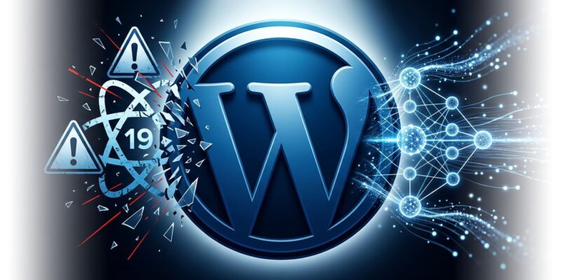 WordPress 7.1 beta illustration showing React 19 migration warnings alongside AI vector embeddings and neural network nodes