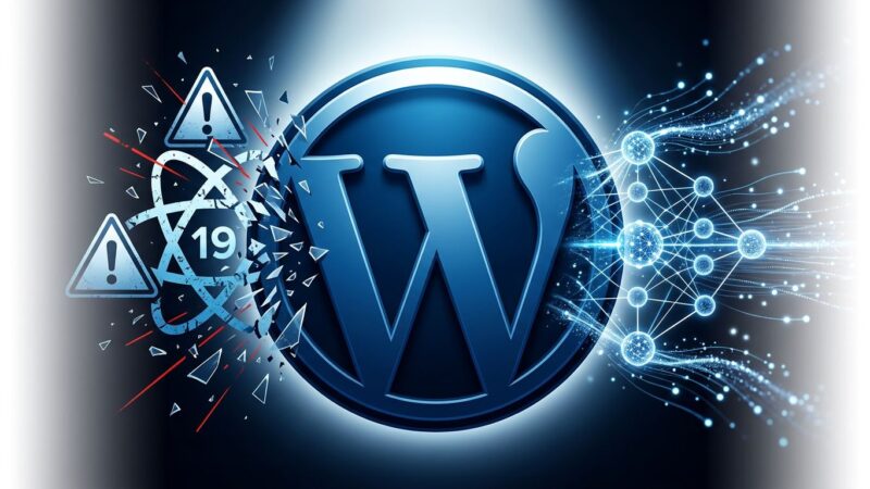 WordPress 7.1 beta illustration showing React 19 migration warnings alongside AI vector embeddings and neural network nodes