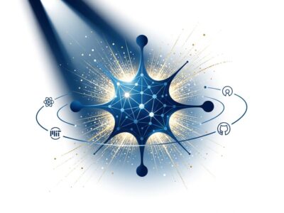 Bold conceptual neural node illustration representing Hermes Agent open-source AI with particle dispersion effect in blue and white