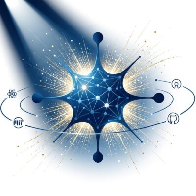 Bold conceptual neural node illustration representing Hermes Agent open-source AI with particle dispersion effect in blue and white