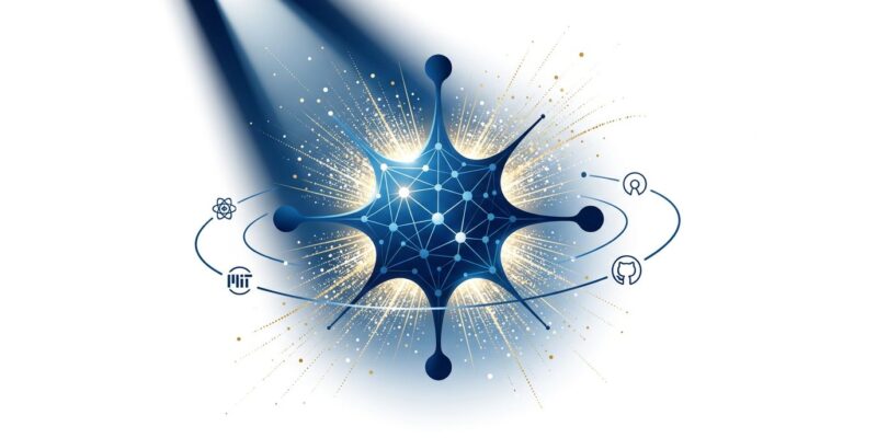 Bold conceptual neural node illustration representing Hermes Agent open-source AI with particle dispersion effect in blue and white