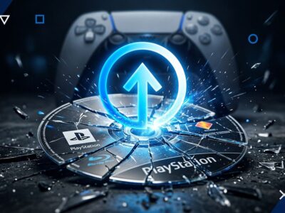 A cracked Blu-ray disc with a digital download icon, representing PlayStation ending physical game disc production in January 2028