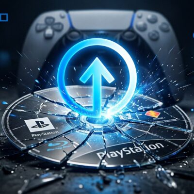 A cracked Blu-ray disc with a digital download icon, representing PlayStation ending physical game disc production in January 2028