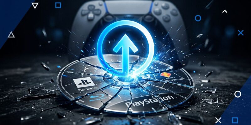 A cracked Blu-ray disc with a digital download icon, representing PlayStation ending physical game disc production in January 2028