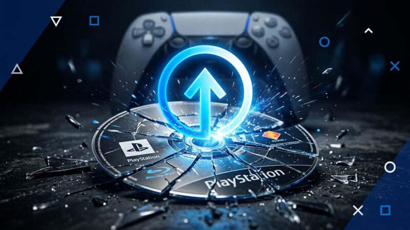 A cracked Blu-ray disc with a digital download icon, representing PlayStation ending physical game disc production in January 2028