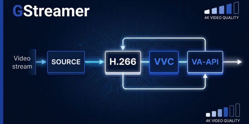 GStreamer 1.28.5 pipeline diagram showing H.266 VVC hardware decoding with VA-API