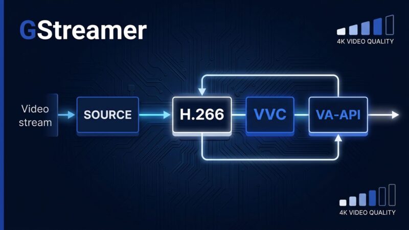 GStreamer 1.28.5 pipeline diagram showing H.266 VVC hardware decoding with VA-API