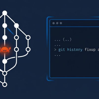 Git 2.55 featured image showing Git branch tree with Rust crab icon and git history fixup terminal command