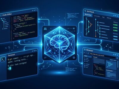 ZCode agentic development environment showing AI agent at center with coding tools arranged around it