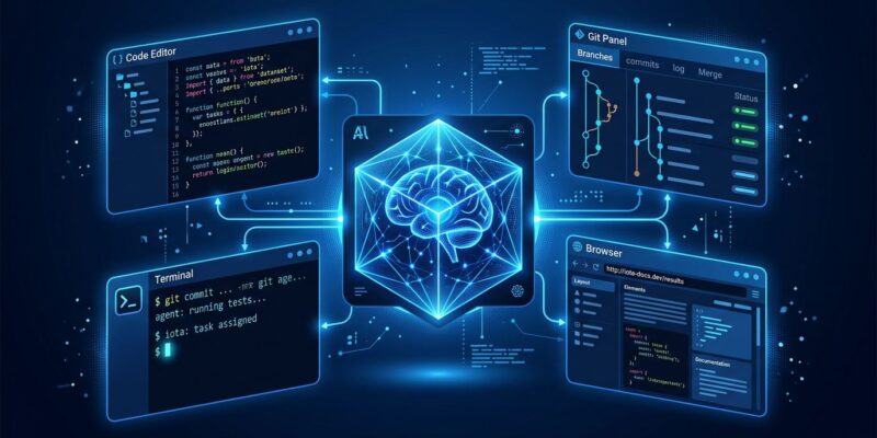 ZCode agentic development environment showing AI agent at center with coding tools arranged around it