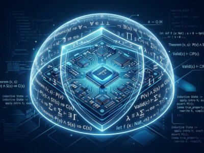 Abstract visualization of mathematical proof symbols and code lines forming a protective shield — representing Leanstral 1.5 formal verification