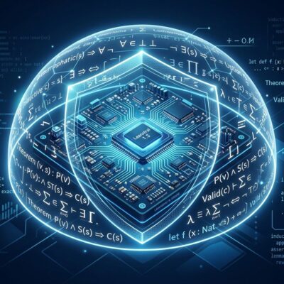 Abstract visualization of mathematical proof symbols and code lines forming a protective shield — representing Leanstral 1.5 formal verification