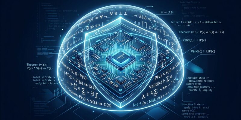 Abstract visualization of mathematical proof symbols and code lines forming a protective shield — representing Leanstral 1.5 formal verification