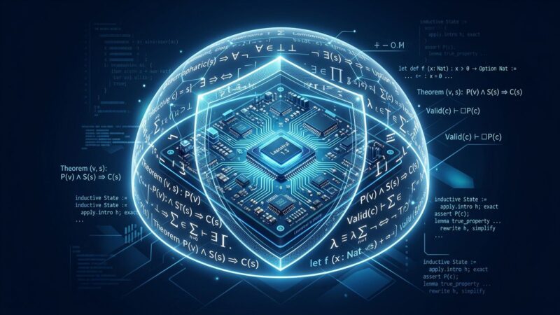 Abstract visualization of mathematical proof symbols and code lines forming a protective shield — representing Leanstral 1.5 formal verification