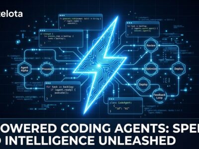 Gemini 3.5 Flash AI coding agent with circuit traces and blue glow on dark background