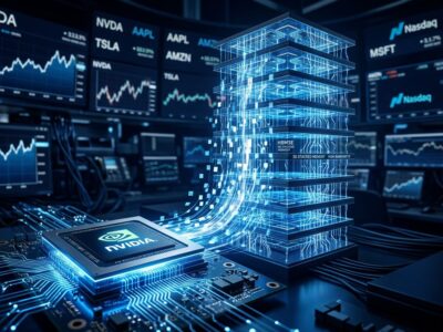 SK Hynix HBM memory chips stacked vertically with blue electrical pathways and Nasdaq financial data visualization