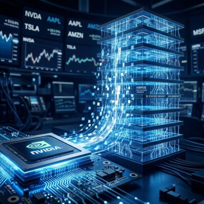 SK Hynix HBM memory chips stacked vertically with blue electrical pathways and Nasdaq financial data visualization