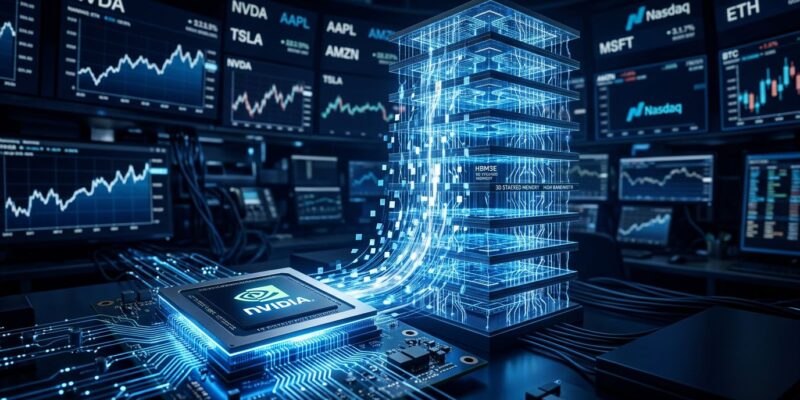 SK Hynix HBM memory chips stacked vertically with blue electrical pathways and Nasdaq financial data visualization