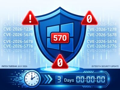 Windows security shield showing 570 vulnerabilities patched in Microsoft Patch Tuesday July 2026