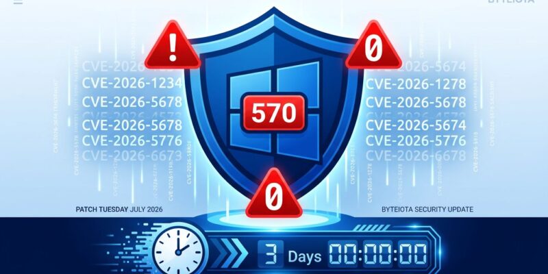 Windows security shield showing 570 vulnerabilities patched in Microsoft Patch Tuesday July 2026