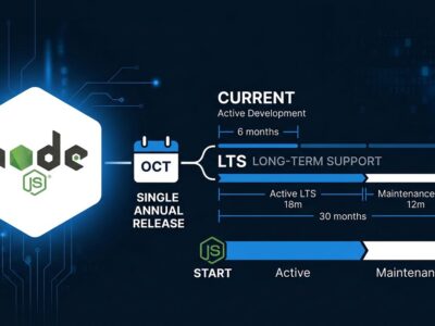 Node.js release timeline diagram showing the shift from two majors per year to one annual LTS release starting with Node 27