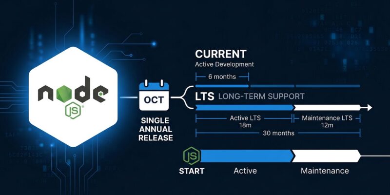 Node.js release timeline diagram showing the shift from two majors per year to one annual LTS release starting with Node 27