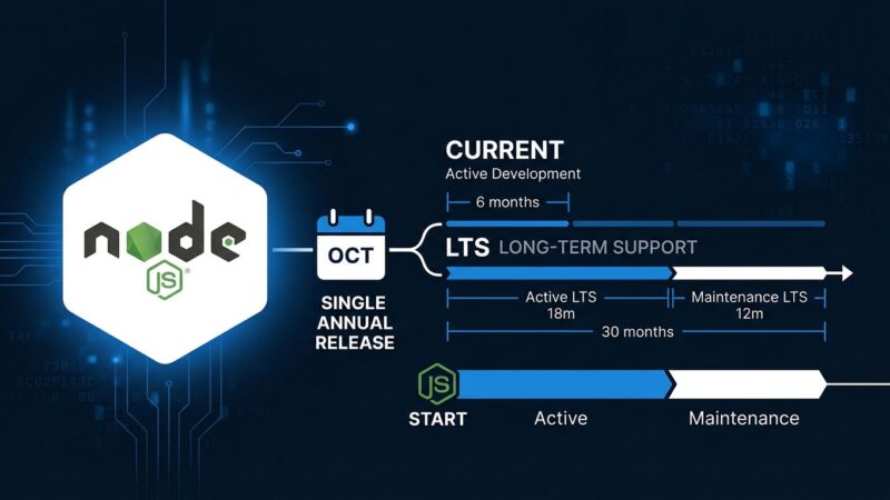 Node.js release timeline diagram showing the shift from two majors per year to one annual LTS release starting with Node 27