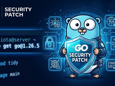Go gopher mascot with security shield representing Go 1.26.5 security patch fixing ECH privacy leak and symlink escape vulnerability