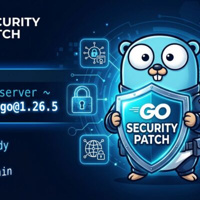 Go gopher mascot with security shield representing Go 1.26.5 security patch fixing ECH privacy leak and symlink escape vulnerability
