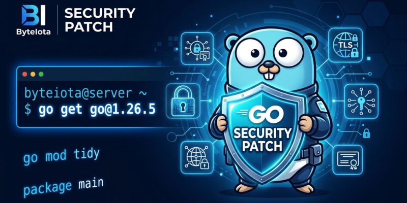Go gopher mascot with security shield representing Go 1.26.5 security patch fixing ECH privacy leak and symlink escape vulnerability