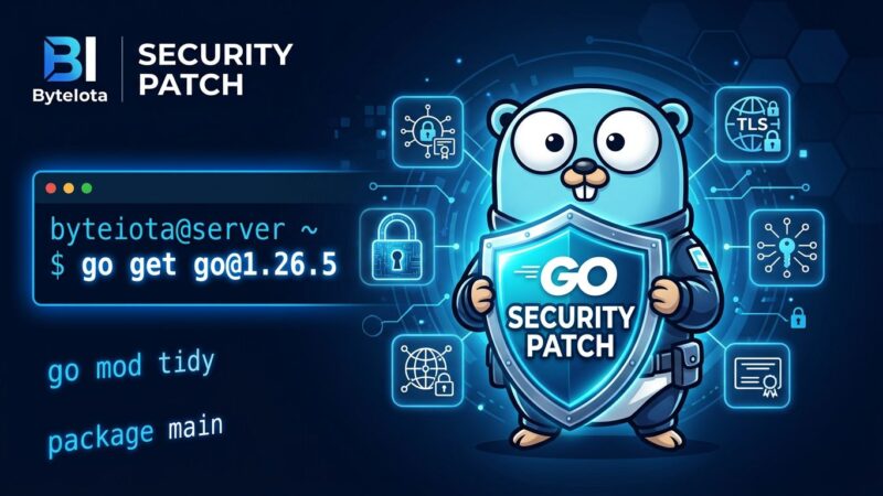 Go gopher mascot with security shield representing Go 1.26.5 security patch fixing ECH privacy leak and symlink escape vulnerability
