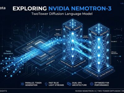 Two interconnected neural network towers representing NVIDIA Nemotron TwoTower diffusion language model with parallel token generation visualization