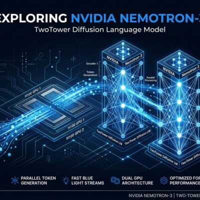 Two interconnected neural network towers representing NVIDIA Nemotron TwoTower diffusion language model with parallel token generation visualization