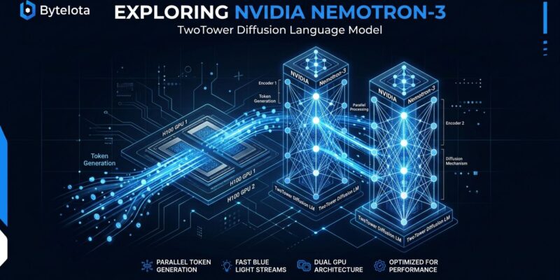 Two interconnected neural network towers representing NVIDIA Nemotron TwoTower diffusion language model with parallel token generation visualization