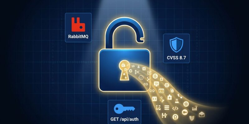 RabbitMQ CVE-2026-57219 padlock illustration showing OAuth client secret leak vulnerability