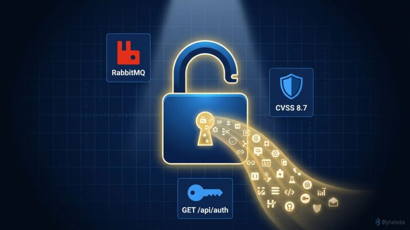 RabbitMQ CVE-2026-57219 padlock illustration showing OAuth client secret leak vulnerability