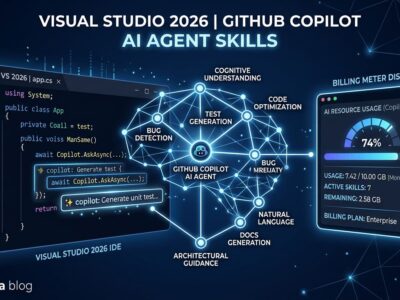 Visual Studio 2026 IDE with GitHub Copilot Agent Skills dashboard showing billing usage and skill nodes
