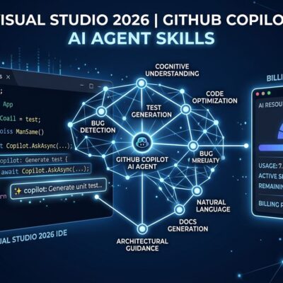 Visual Studio 2026 IDE with GitHub Copilot Agent Skills dashboard showing billing usage and skill nodes