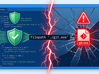 Split-screen illustration showing AI code editor on left with security shield and cracked screen on right with malicious git.exe warning, representing binary planting attack on AI coding tools