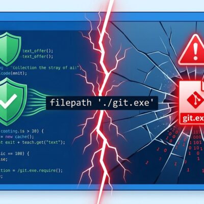Split-screen illustration showing AI code editor on left with security shield and cracked screen on right with malicious git.exe warning, representing binary planting attack on AI coding tools