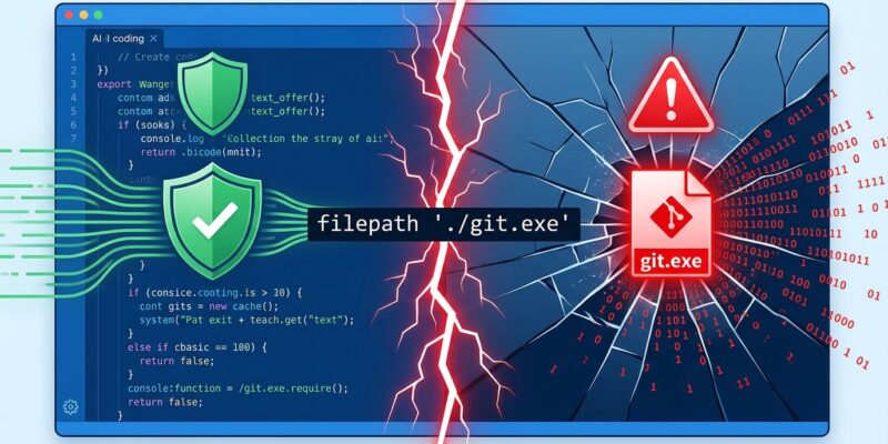 Split-screen illustration showing AI code editor on left with security shield and cracked screen on right with malicious git.exe warning, representing binary planting attack on AI coding tools