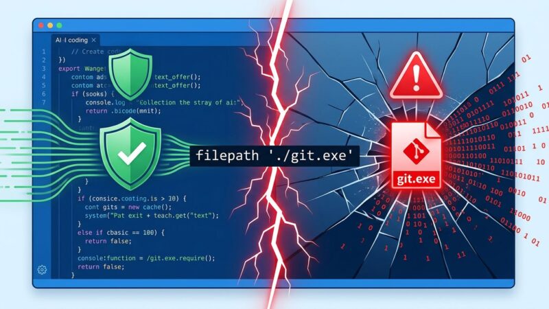 Split-screen illustration showing AI code editor on left with security shield and cracked screen on right with malicious git.exe warning, representing binary planting attack on AI coding tools
